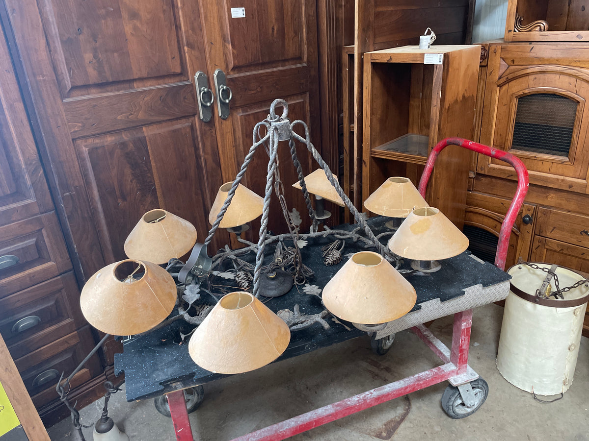 Reclaimed 6-Arm Ornate Chandelier, Wrought Iron with Leaf Metalwork