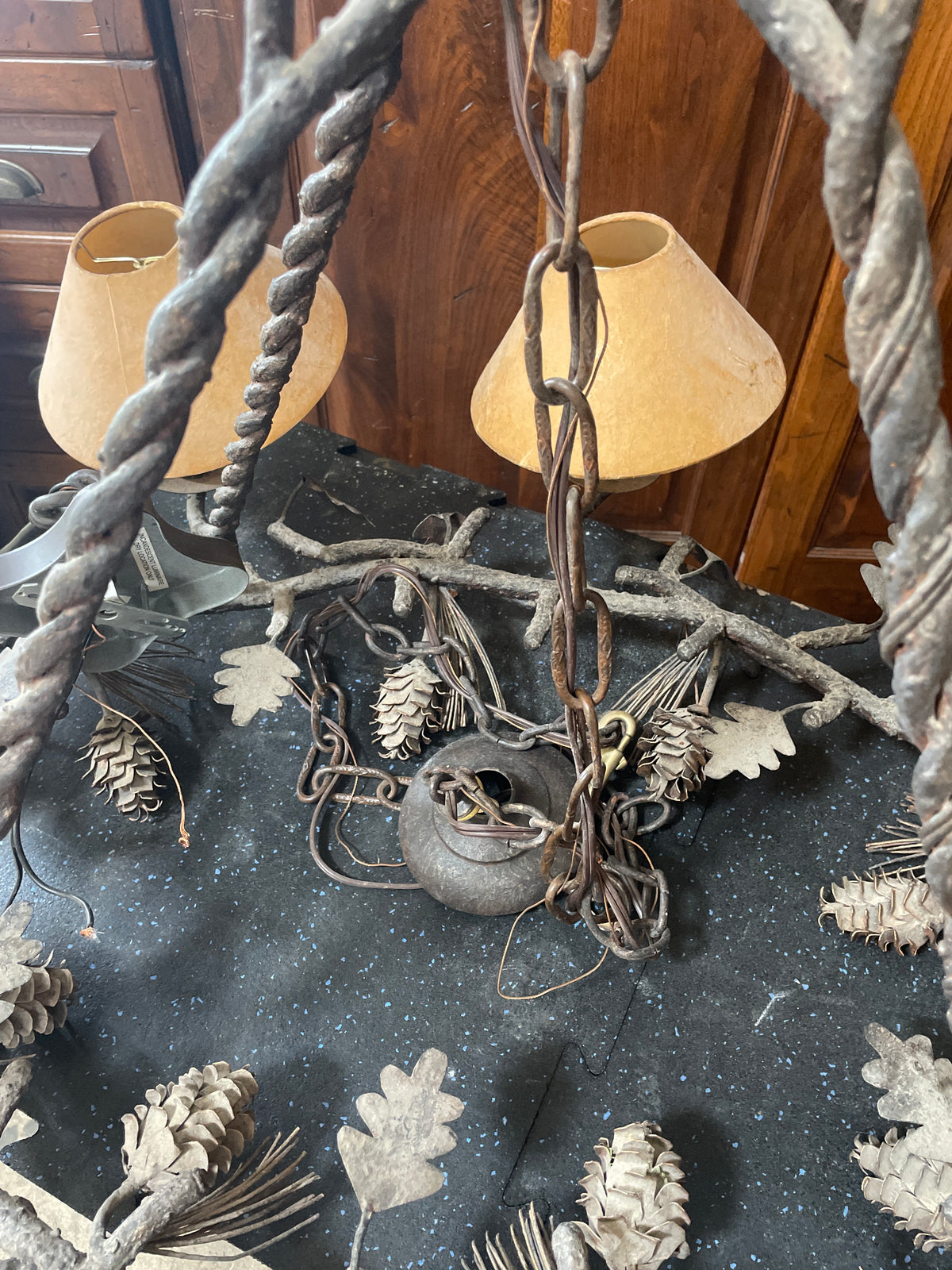 Reclaimed 6-Arm Ornate Chandelier, Wrought Iron with Leaf Metalwork