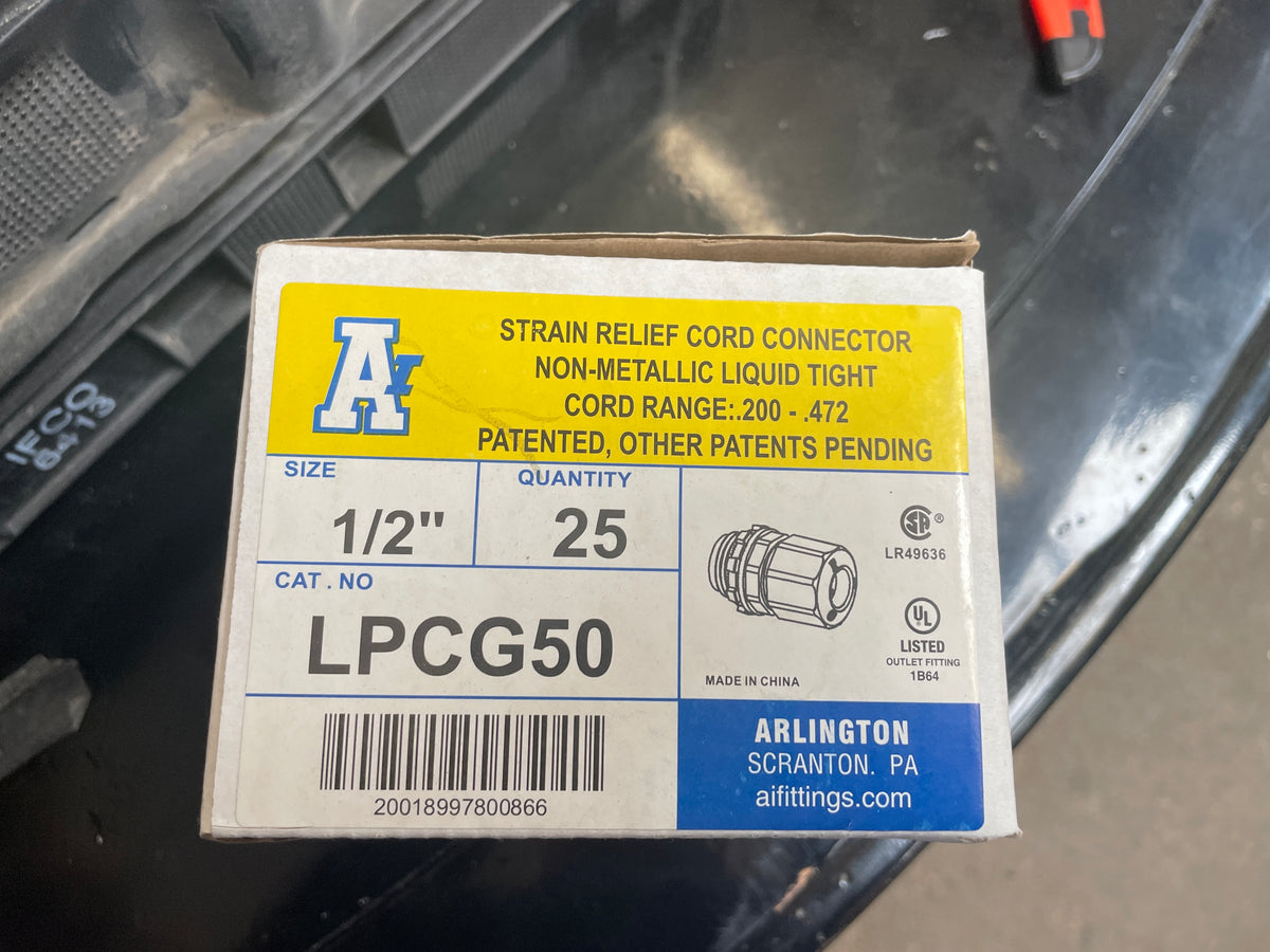 Arlington LPCG50 1/2 Inch Non-Metallic Liquid Tight Strain Relief Cord Connectors, New (Box of 25)