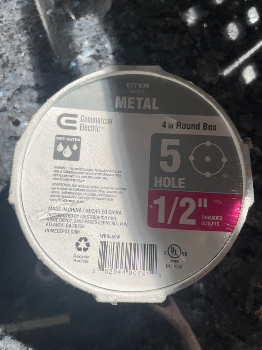 Commercial Electric 4" Round Metal Box, White, 5-Hole, New