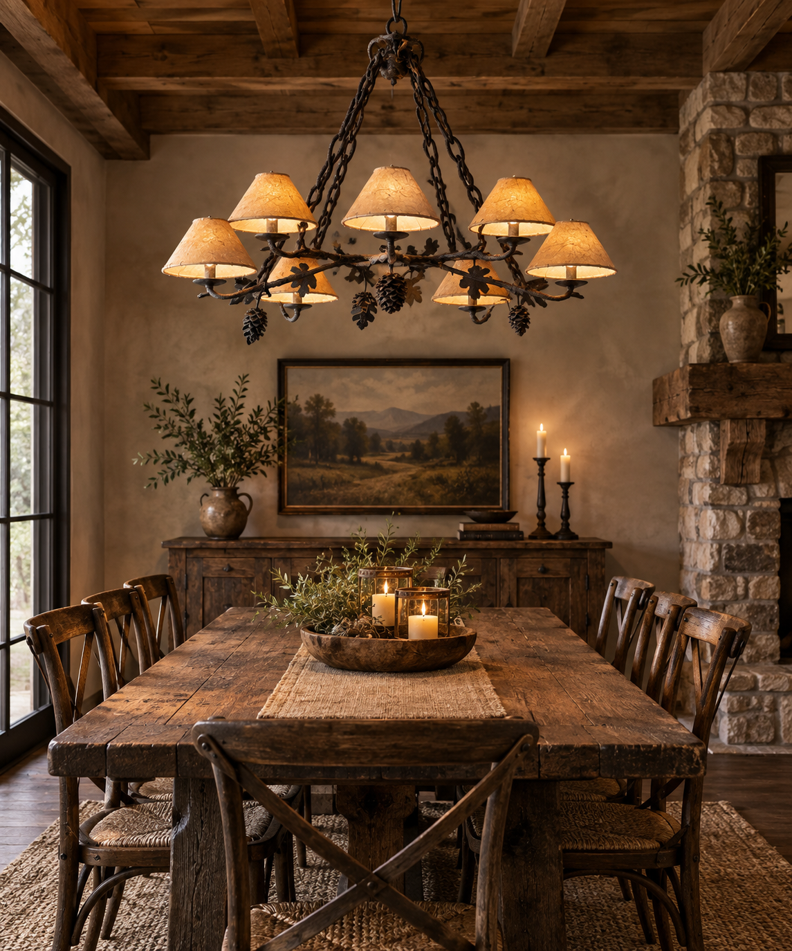 Reclaimed 7-Light Ornate Chandelier, Wrought Iron with Fabric Shades ID #D926.01