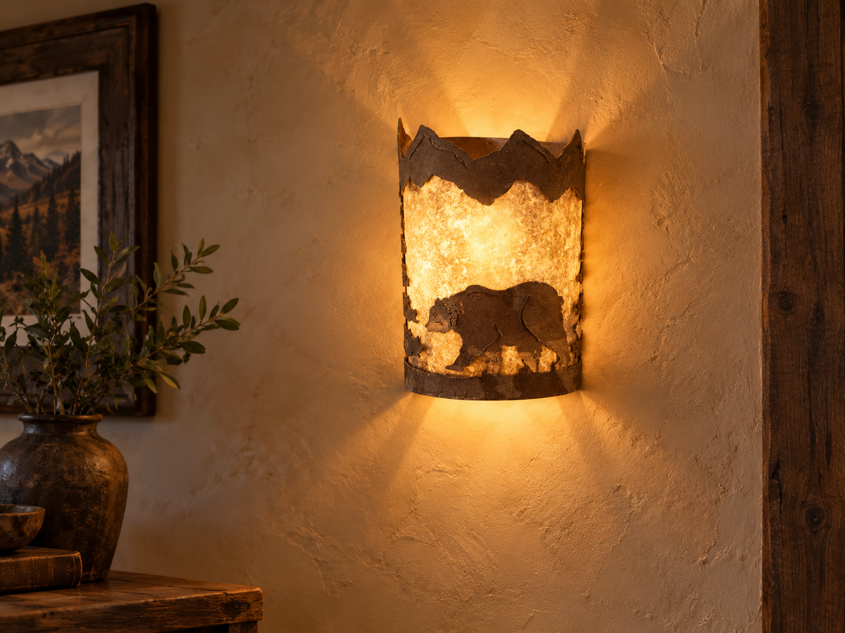 Reclaimed Mountain Landscape Wall Sconce, Dark Patina. ID #D926.02