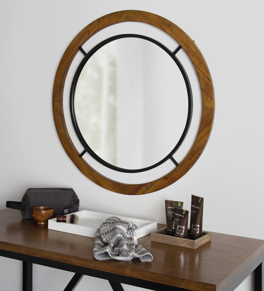Round Wood and Metal Wall Mirror [#V130.05]