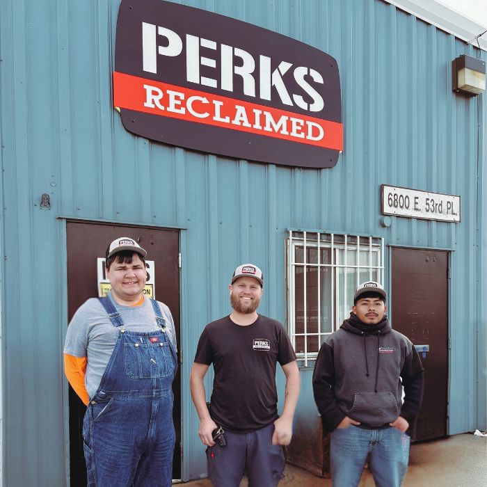 Perks Reclaimed staff standing outside the warehouse